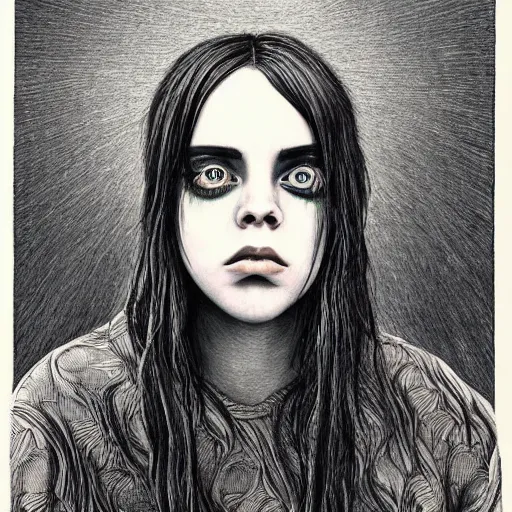 Image similar to grunge drawing of billie eilish by - Zdzisław Beksiński , loony toons style, horror themed, detailed, elegant, intricate