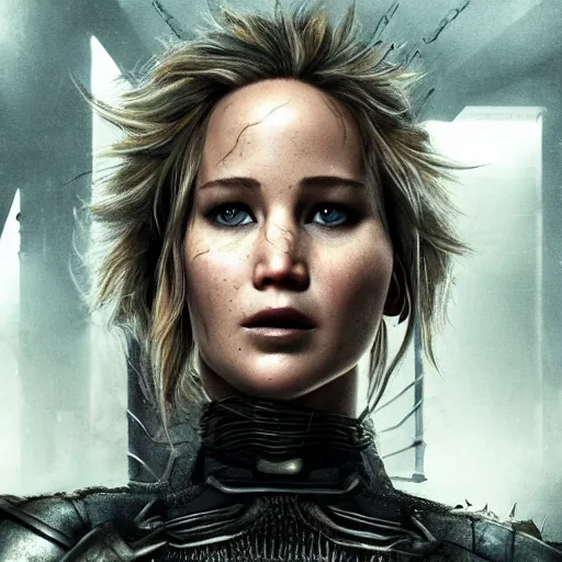 Prompt: jennifer lawrence portrait, dystopia core, apocalyptic, armor, warrior, dramatic, sharp focus, fiction, neon, fantasy, hyper detailed, digital art, trending in artstation, cinematic lighting, studio quality, smooth render, unreal engine 5 rendered, octane rendered, art style and nixeu and wlop and krenz cushart