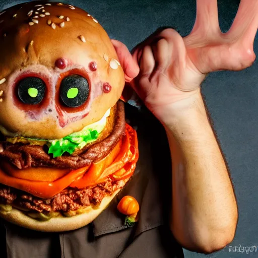 Image similar to a humanoid bipedal upright zombie that strongly resembles a hamburger, professional food photography