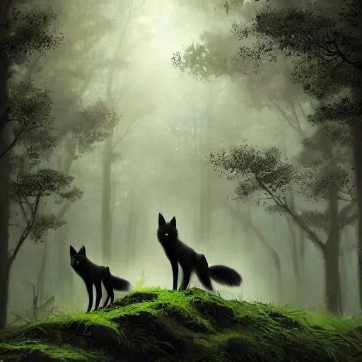 Prompt: three black foxes sitting on a high branch in a dense green forest, black sky, night time, extreme low angle shot, detailed illustration, hd, overdetailed art, by greg rutkowski, trending on ArtStation, concept art, cgsociety, octane render, trending on artstation, artstationHD, artstationHQ, unreal engine, 8k