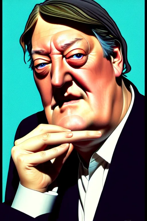 Image similar to stephen fry winking his left eye at the camera, in the style of art by artgerm and greg rutkowski and alphonse mucha