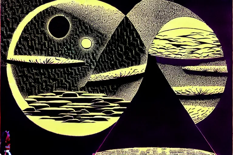 Prompt: surreal view of a parallel universe, very coherent and colorful high contrast, screen printing woodblock, dark shadows, hard lighting, stipple brush technique,