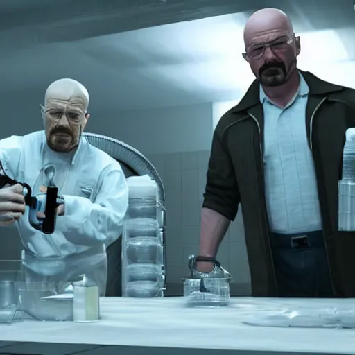 Prompt: Walter white and Elon musk cooking meth. 8k ultra realistic, award winning, unreal engine 5, masterpiece, atmosphere glow, hyperrealistic, focused, extreme details, cinematic