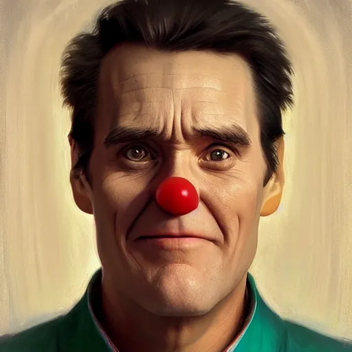 Prompt: front view portrait jim carrey, human computer, vr headset, digital art from artstation by ruan jia and mandy jurgens and artgerm and william - adolphe bouguereau as clown
