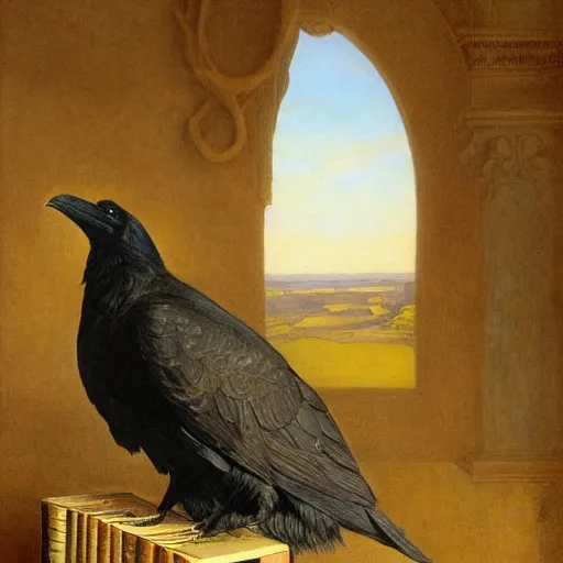 Prompt: beautifully detailed animal portrait of a detailed raven looking at a book laid out on a golden silk cloth, in a serene beautiful stone arched garden at beautiful sunrise by john james audubon and sidney cooper and frederic leighton and by rosetti, 4 k, artstation