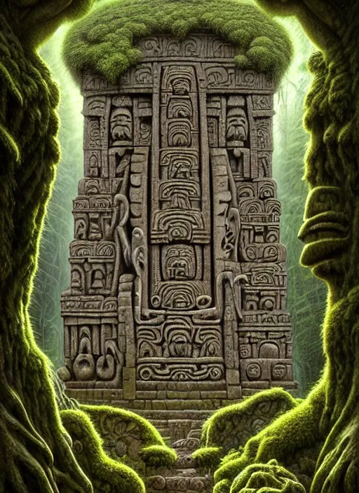 Image similar to inca temple stone carvings lost in the jungle, intricate, mossy, overgrown, elegant, highly detailed, centered, digital painting, artstation, concept art, smooth, sharp focus, illustration, artgerm, tomasz alen kopera, peter mohrbacher, donato giancola, joseph christian leyendecker, wlop, boris vallejo