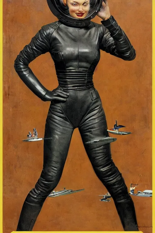 Prompt: 5 0 s pulp scifi fantasy illustration full body portrait slim mature woman in leather spacesuit in room, by norman rockwell, roberto ferri, daniel gerhartz, edd cartier, jack kirby, howard v brown, ruan jia, tom lovell, frank r paul, jacob collins, dean cornwell, astounding stories, amazing, fantasy, other worlds