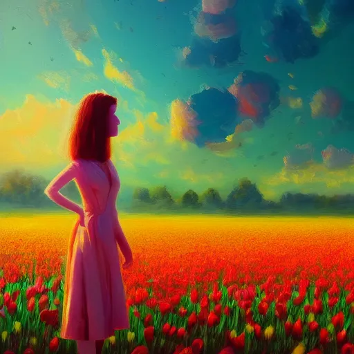 Image similar to large tulip head, girl standing in a flower field, surreal photography, sunrise dramatic light, impressionist painting, colorful clouds, digital painting, artstation, simon stalenhag