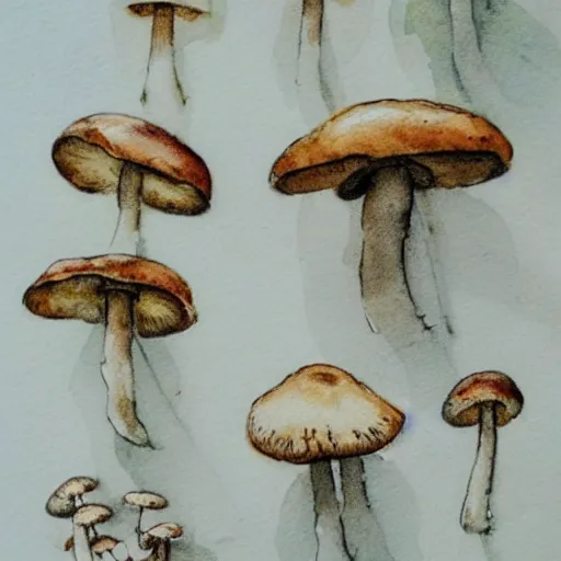 Prompt: jean - baptiste monge water color on white paper watercolor sketch of mushrooms