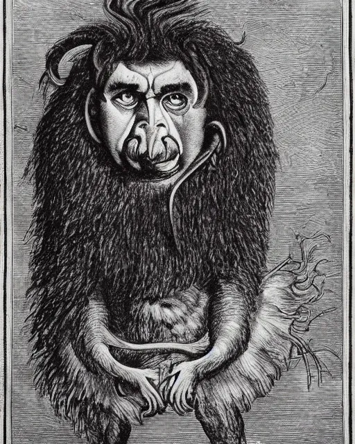 Image similar to a creature with the body and eyes of a man, with the beak of an eagle, the mane of a lion, and the horns of an ox. drawn by francis bacon