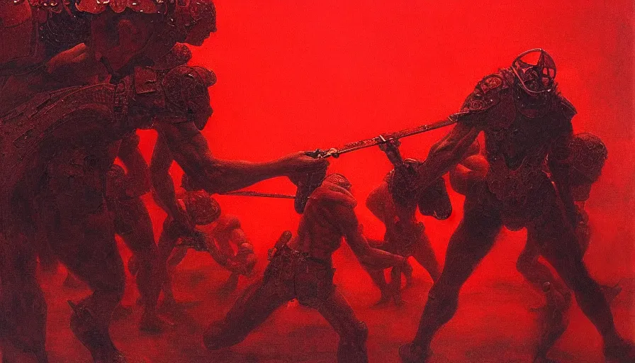 Image similar to only with red, a lightly armored gladiator in a crowded roman amphitheatre, crowd cheering, in the style of beksinski and edward hopper and rodcenko and yue minjun and artgerm, intricate and epic composition, red by caravaggio, highly detailed, masterpiece, red light, artstation