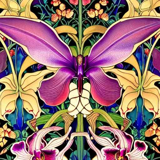Prompt: majestic colorful orchid mantis enamel by william morris, cloisonne, iridescent, gilded details, black opals, beautiful hyperdetailed art nouveau orchids, ultrasharp photorealistic octane render, rich deep moody colors