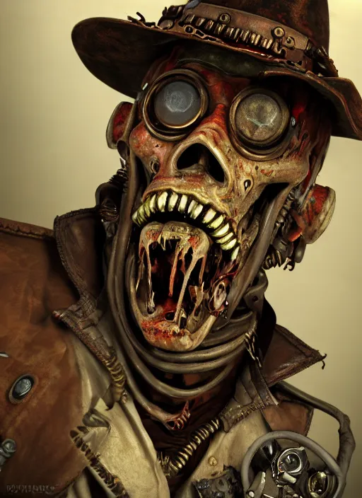 Image similar to steampunk portrait of zombie devil from doom, au naturel, hyper detailed, digital art, trending in artstation, cinematic lighting, studio quality, smooth render, unreal engine 5 rendered, octane rendered, art style by pixar dreamworks warner bros disney riot red dead redemption far cry doom games and borderlands.