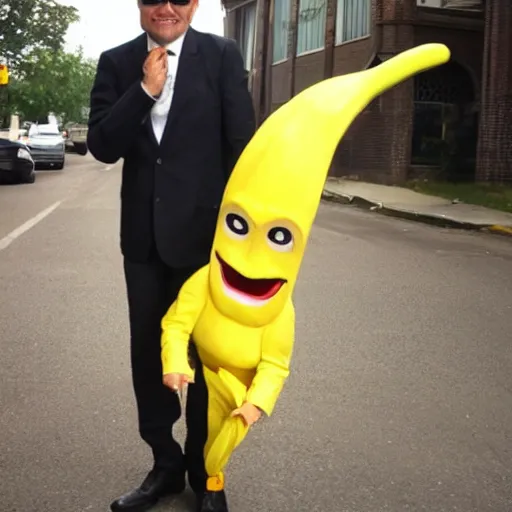 Image similar to banana head, a man wearing a suit banana head