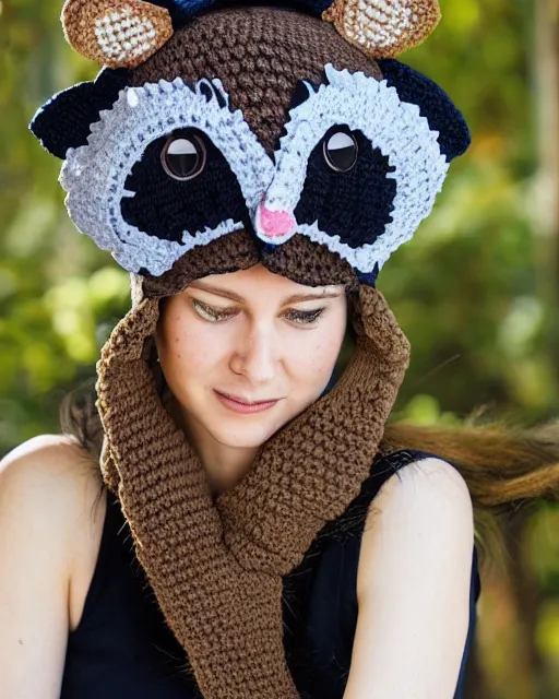 Prompt: a crocheted raccoon hat, fzd school of design, product photo, studio lighting