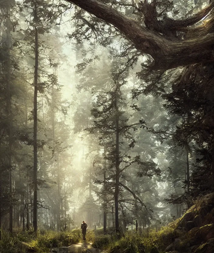 Image similar to most epic landscape, epic cinematic hyperrealism masterpiece. realistic poster with shaded lighting by craig mallismo, artgerm, jeremy lipkin and michael garmash, unreal engine, radiant light, detailed and complex environment, digital art, art station trends, environmental portrait, low angle, 3 5 mm, forest path, misty