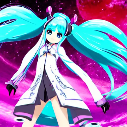 Prompt: Hatsune Miku the intergalactic space goddess of death