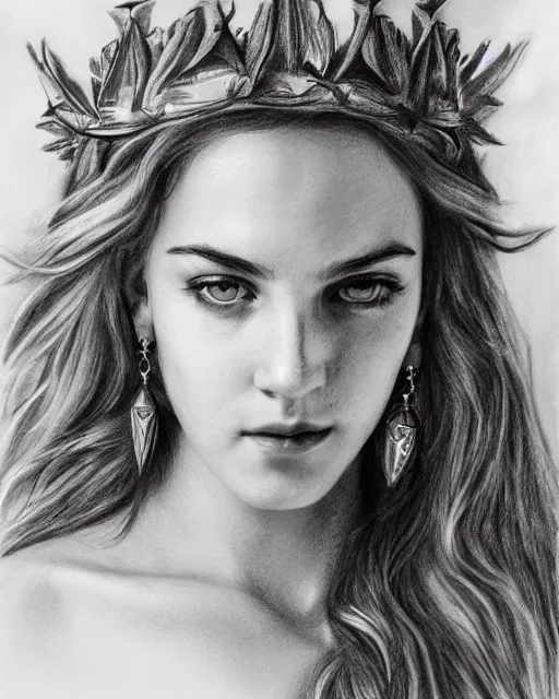 Image similar to pencil drawing of a beautiful greek goddess aphrodite wearing a laurel wreath and arrowhead earrings, beautiful confident eyes, beautiful flowing hair, glowing god eyes, hyper realistic face, in the style of greg rutkowski, fantasy, amazing detail, epic, elegant, smooth, sharp focus, from the front