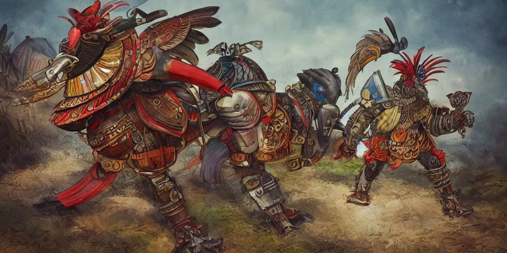 Image similar to colorful illustration of a pompous fully armoured mechanical rooster warrior in a farm landscape, dieselpunk, mix of styles, angry, aggressive