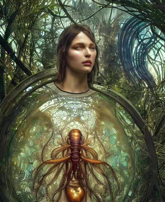 Image similar to opulent transparent clear see - through portrait of a terrifying beautiful male alien centipede ai software, mottled coloring, adorable, childlike, overgrown biopunk jungle environment, ultra realistic, concept art, art nouveau, photorealistic, octane render, 8 k, unreal engine. art by christopher marley and artgerm and greg rutkowski and alphonse mucha