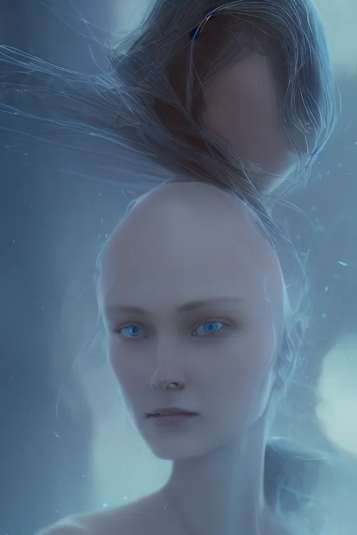 Image similar to A blue eyed women of unknown race by Greg Rutkowski, beeple, Sung Choi, Mitchell Mohrhauser, Maciej Kuciara, Johnson Ting, Maxim Verehin, Peter Konig, final fantasy, macro lens, 35mm, 8k photorealistic, cinematic lighting, HD, high details, dramatic, dark atmosphere, trending on artstation