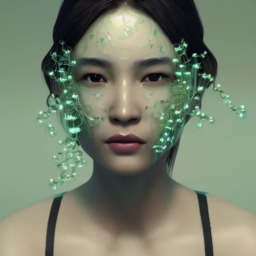 Image similar to intricate highly detailed face portrait of asian - european woman, light mint transparent water vines on her face, intricate, cgsociety, unreal engine, octane render, sharp focus, smooth, volumetric lighting, cinematic composition, artstation c 1 0. 0