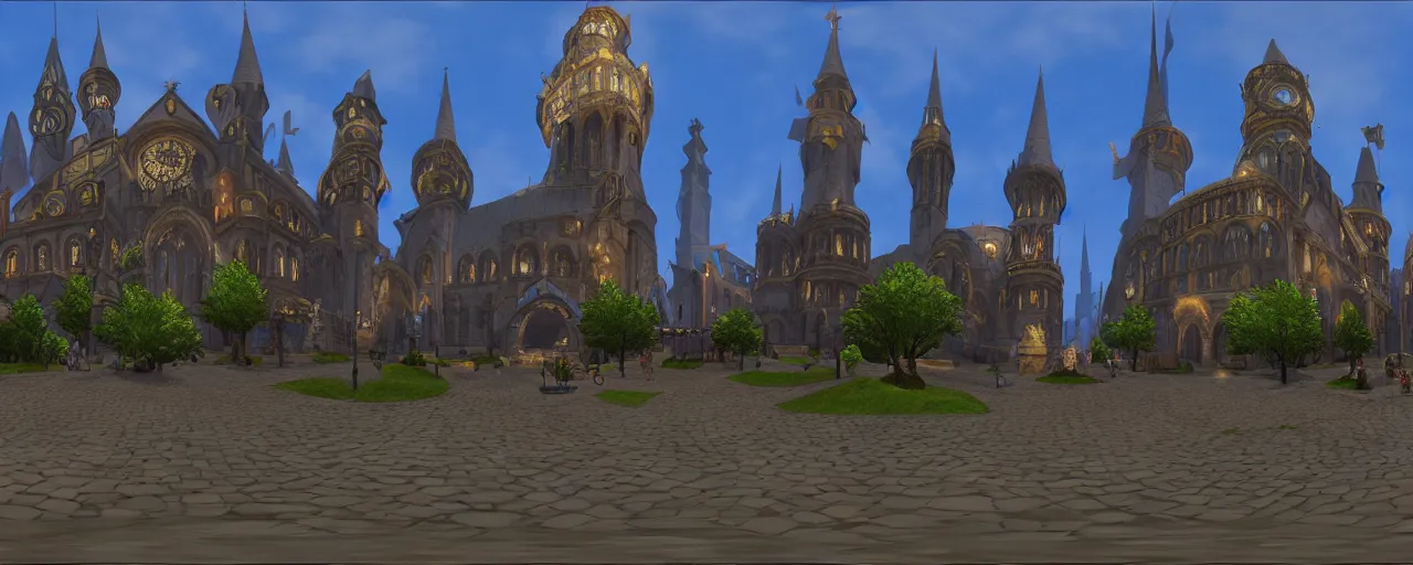 Prompt: 360 view of Cathedral Square in Stormwind City, panorama, unreal engine, 8k resolution