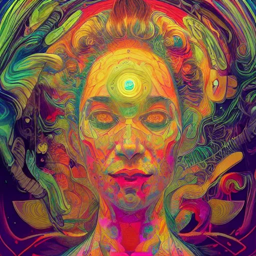 Image similar to An extremely psychedelic experience, colorful, surreal, dramatic lighting, cosmonaut, LSD, face, detailed, intricate, elegant, highly detailed, digital painting, artstation, concept art, smooth, sharp focus, illustration, art by Sam Spratt, Dan Mumford, Artem Demura and Alphonse Mucha