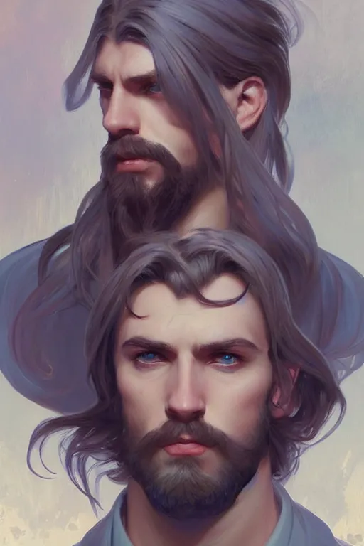 Prompt: beautiful Aryan man staring straight ahead with blue eyes and long hair and a goatee, elegant, highly detailed, digital painting, artstation, concept art, smooth, sharp focus, illustration, art by artgerm and greg rutkowski and alphonse mucha
