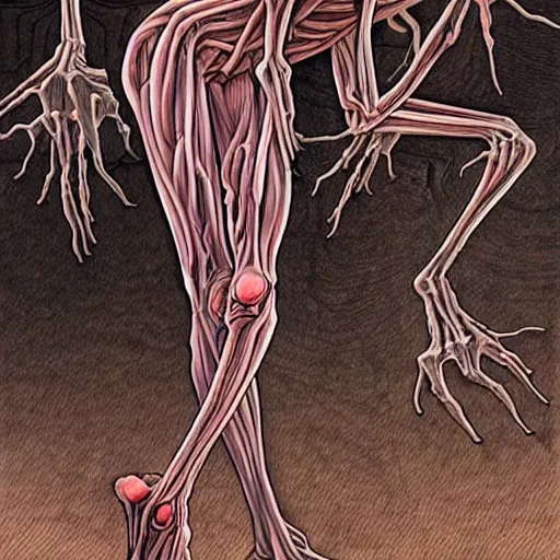 Image similar to grotesque human and spider hybrid, flesh and bone exposed, scary, spindly legs with a large web, junji ito manga art