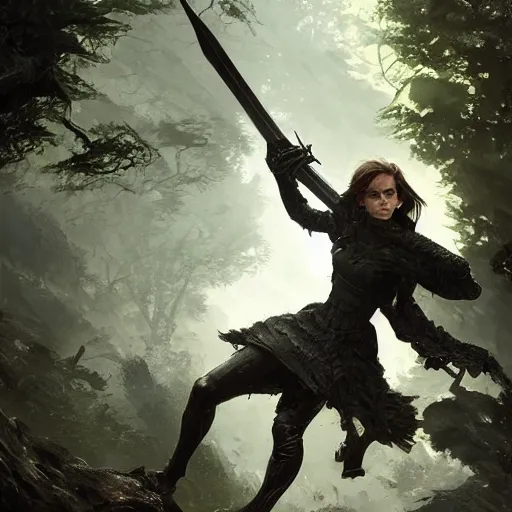 Image similar to portait of a heavily armoured emma watson swinging her long sword forest monster, front game card, drark, marvel comics, dark, intricate, highly detailed, smooth, artstation, digital illustration by ruan jia and mandy jurgens and artgerm and wayne barlowe and greg rutkowski and zdislav beksinski