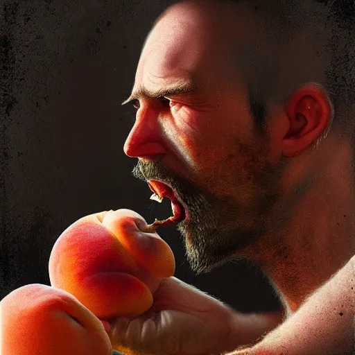 Image similar to Portrait of a feral man eating a peach, factory background, detail chewing, aesthetic, by greg rutkowski, rendered in octane