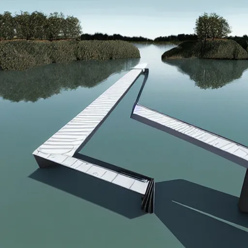 Prompt: ” futuristic pontoon bridge surrounded by water, by simon stalhagen ”
