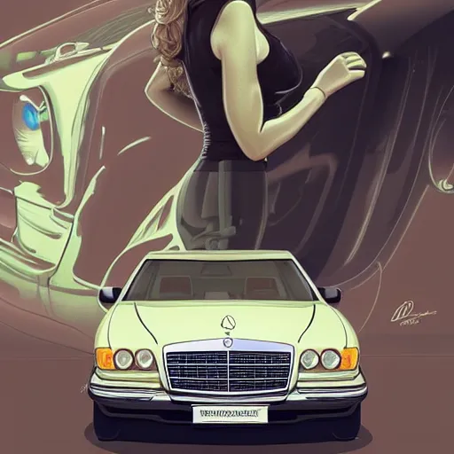 Image similar to Princess Diana standing next to a Mercedes-Benz W140, highly detailed, digital painting, artstation, concept art, smooth, sharp focus, illustration, art by artgerm and alphonse mucha, high definition digital art, in the style of Ross tran and ilya kuvshinov