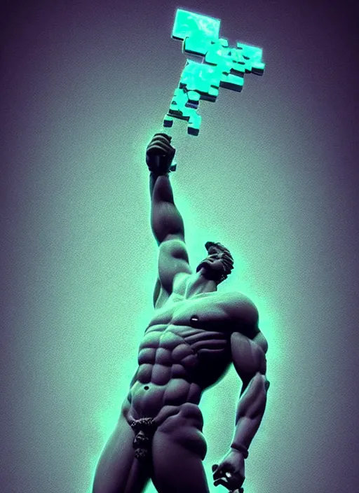 Image similar to statue of victorious hercules, beeple, vaporwave, retrowave, abstract neon shapes, tonal separation, black background, glitch, pixel sorting, strong contrast, pinterest, trending on artstation