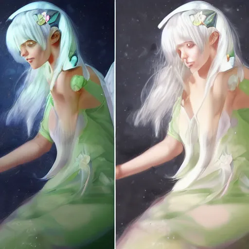 Image similar to ultra realistic illustration, dream girl with white hair, with light green eyes, with cat ears, in a sundress, intricate, elegant, highly detailed, digital painting, artstation, concept art, smooth, sharp focus, illustration, art by artgerm and greg rutkowski and alphonse mucha