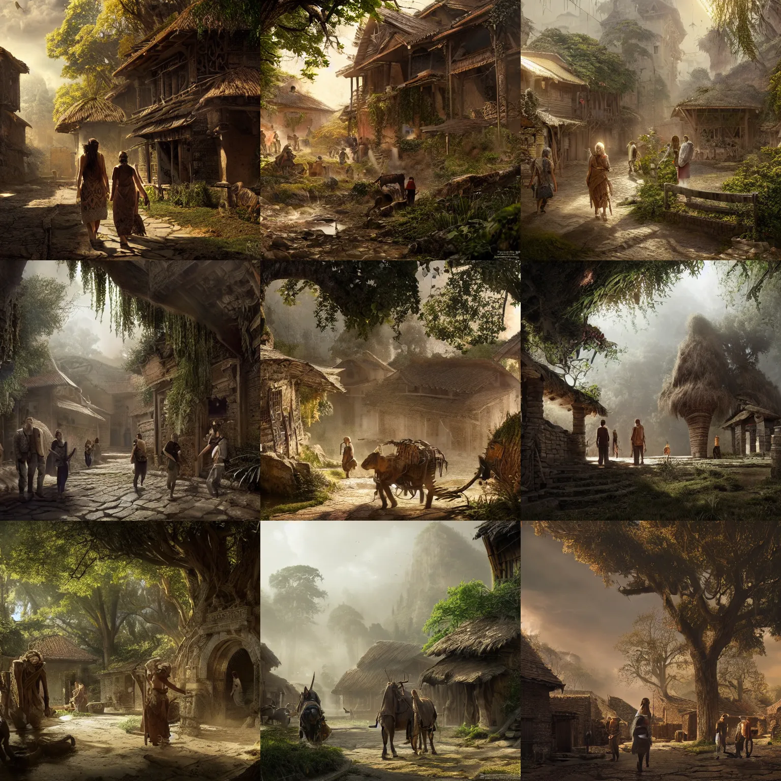 Prompt: some people in a quiet, ancient village. nature. hyper detailed, dramatic lighting, cgsociety, realistic, hyper detailed, insane details, intricate, dramatic lighting, hypermaximalist, golden ratio, rule of thirds, octane render, weta digital, micro details, ultra wide angle, artstation trending, 8 k,