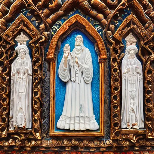 Prompt: intricate colorfully painted carved soapstone relief paneling, white and pale blue, celestial, ghostly, cathedral, insanely detailed, depiction of the saints