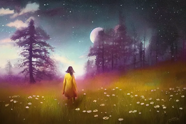Prompt: large daisy flower over head, girl walking in forest, surreal photography, dark night, stars, moon light, impressionist painting, clouds, digital painting, artstation, simon stalenhag