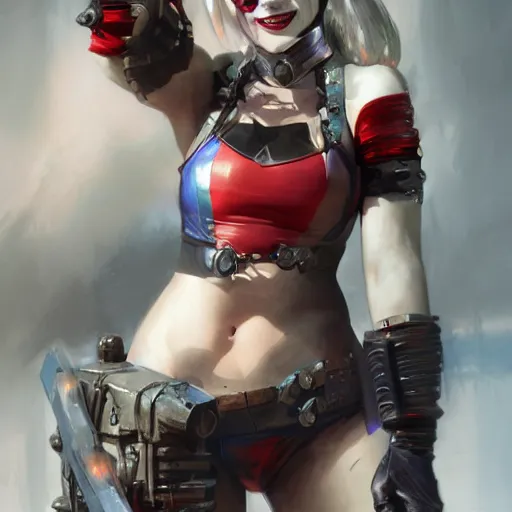 Image similar to portrait of Harley Quinn in bikini armor, dc comics, cyberpunk, Warhammer 40000, dark fantasy, digital art from artstation by Ruan Jia and Mandy Jurgens and Artgerm and william-adolphe bouguereau