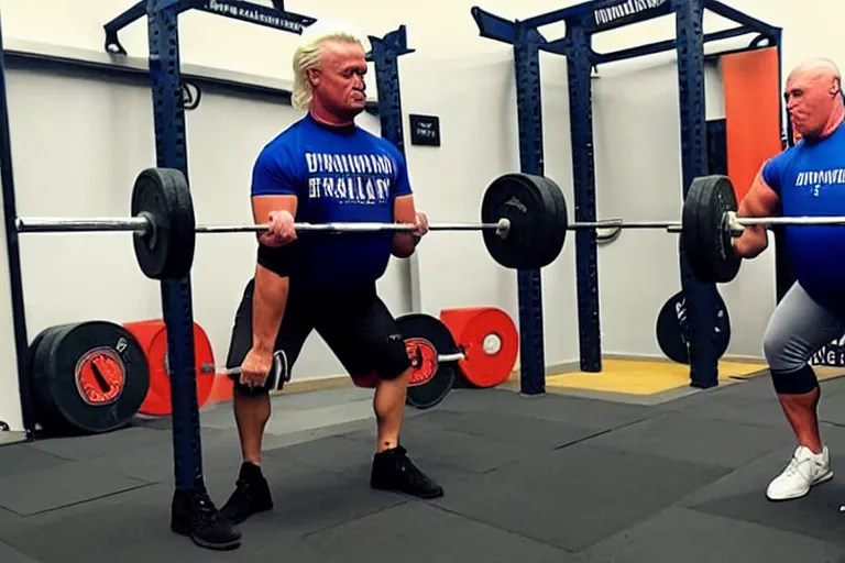 Prompt: geert wilders with big strongman body ipf deadlift lockout 5 0 0 kg with plates on both sides of barbell