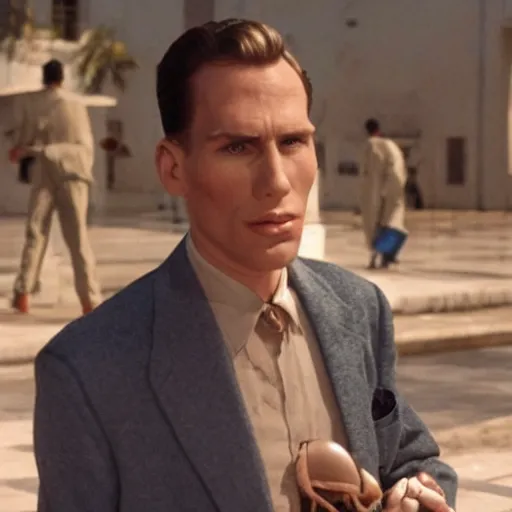 Image similar to Live Action Still of Jerma985 in Casablanca (film), real life, hyperrealistic, ultra realistic, realistic, highly detailed, epic, HD quality, 8k resolution, body and headshot, film still