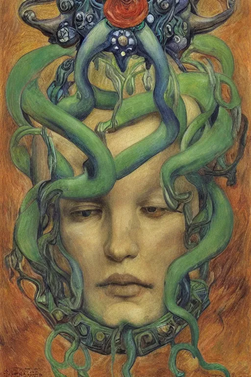 Prompt: the tentacle crown,by Annie Swynnerton and Diego Rivera, symbolist, dramatic lighting, elaborate geometric ornament, Art Brut, bioluminescent, soft blues and greens,smooth, sharp focus, extremely detailed, Adolf Wölfli