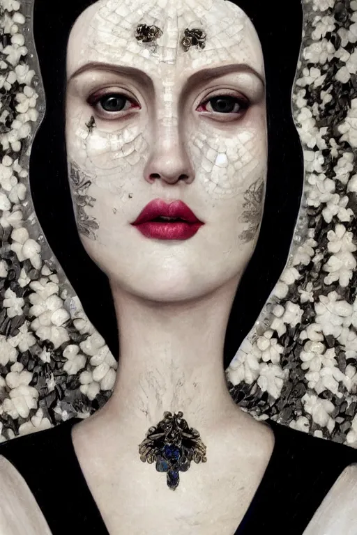 Prompt: hyperrealism close - up mythological portrait of a beautiful medieval woman's fractured face blended with dark obsidian and crystallic flowers in style of classicism, pale skin, ivory make up, wearing black silk robe, dark and dull palette