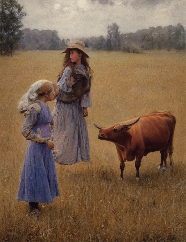 Image similar to portrait of peasant girl petting a cow on a farm, cottage core, cinematic focus, polaroid photo bleached vintage pastel colors high - key lighting, soft lights, foggy, by steve hanks, by lisa yuskavage, by serov valentin, by tarkovsky, 8 k render, detailed, oil on canvas