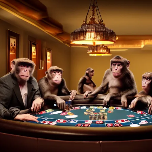 Image similar to a group of monkey's at a casino playing poker, Hyper Realism, realistic, cinematic lighting, ambient lights,