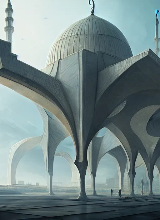 Prompt: epic futuristic mosque. highly detailed, digital painting, concept art, smooth, sharp focus, illustration, art by greg rutkowski