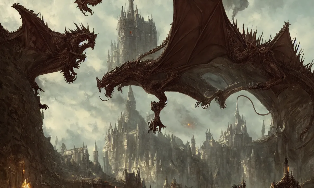 Image similar to dragon infront of a castle, illustration painting, oil on canvas, intricate, detailed illustration, hd, digital art, overdetailed art, concept art, detailed, illustration painting by greg rutkowski, digital art, overdetailed art, concept art,