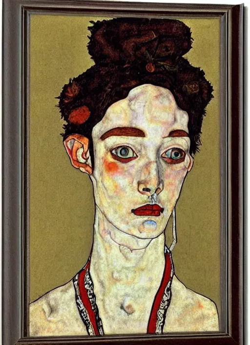 Image similar to portrait of young woman in renaissance dress and renaissance headdress, art by egon schiele