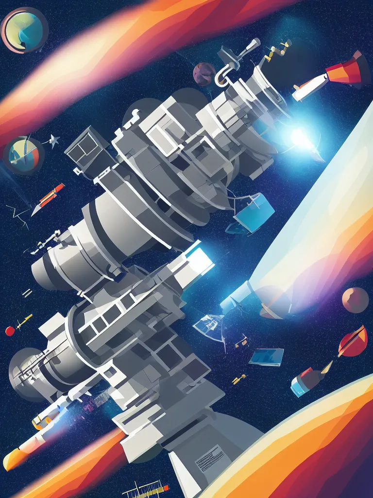 Image similar to editorial illustration scientific lab test tube telescope microscope spaceship artificial satellite, dynamic composition, detailed, matte print, dynamic perspective, colorful modern, mads berg